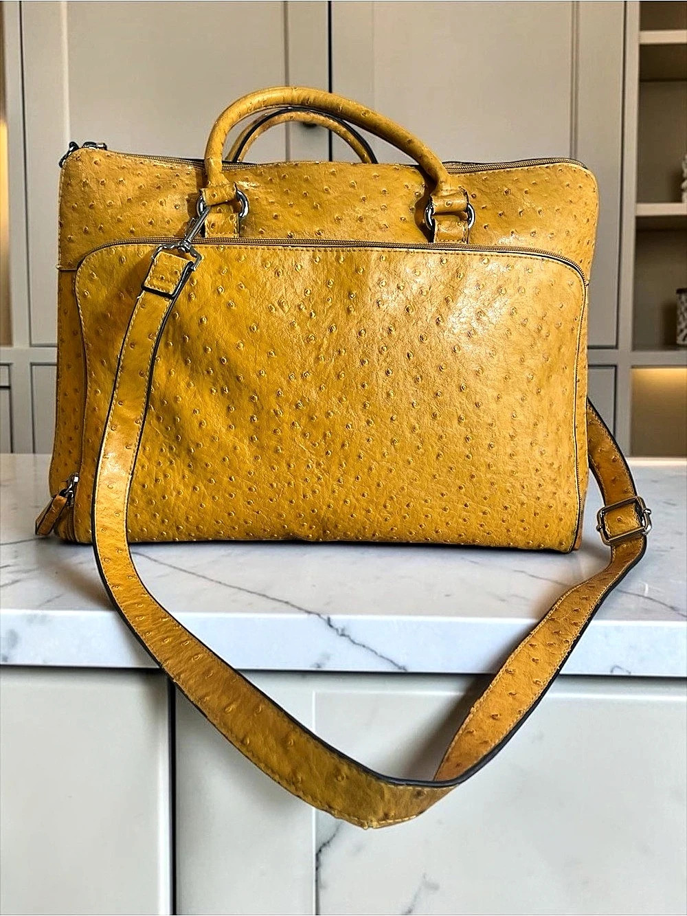 Bueno Ostrich-Embossed Leather Satchel in Yellow
